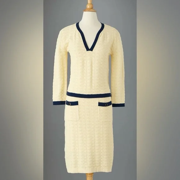 J. Peterman Vivienne Pointelle Cotton Suit Set Cream Navy Trim Skirt Top XS/S - Picture 3 of 16